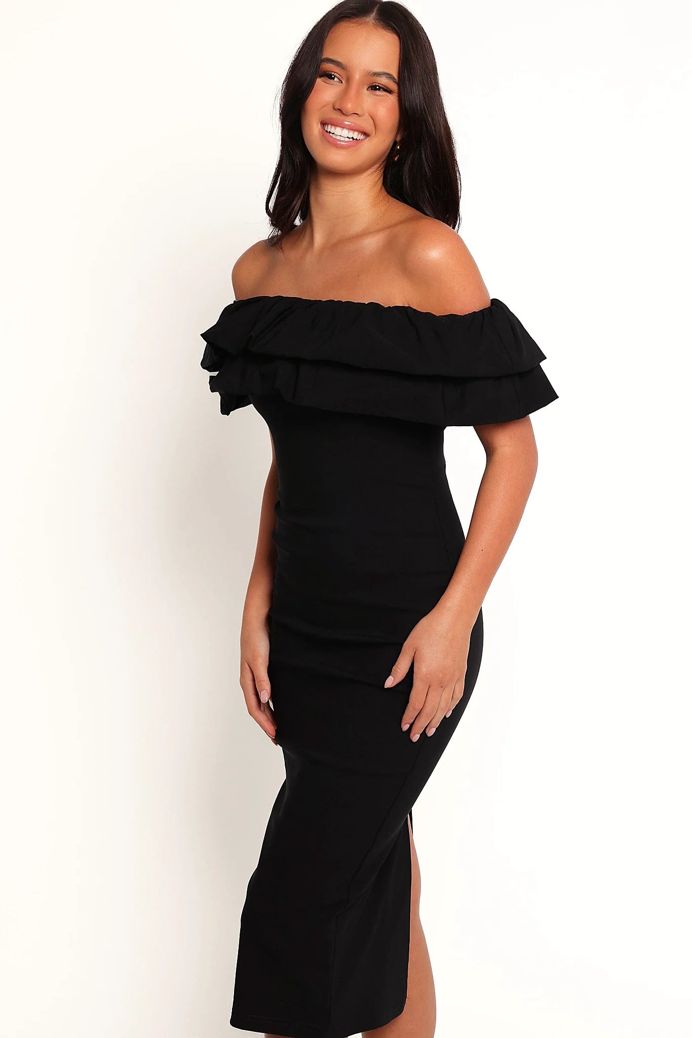 Side view showing the short ruffle sleeves