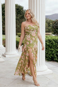 Front view of a strapless floral maxi dress with a straight neckline