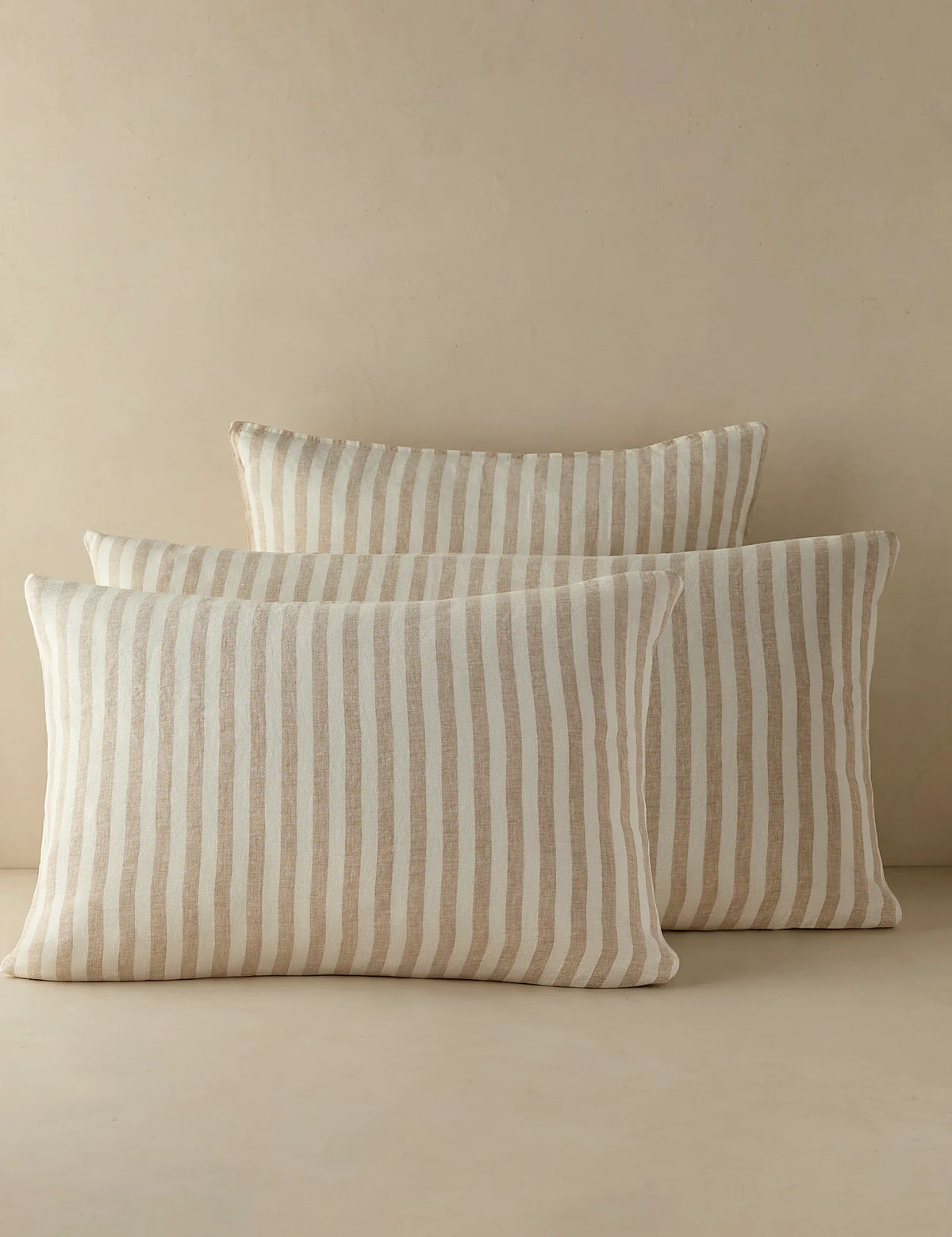 Group shot of striped linen shams in standard and euro sizes
