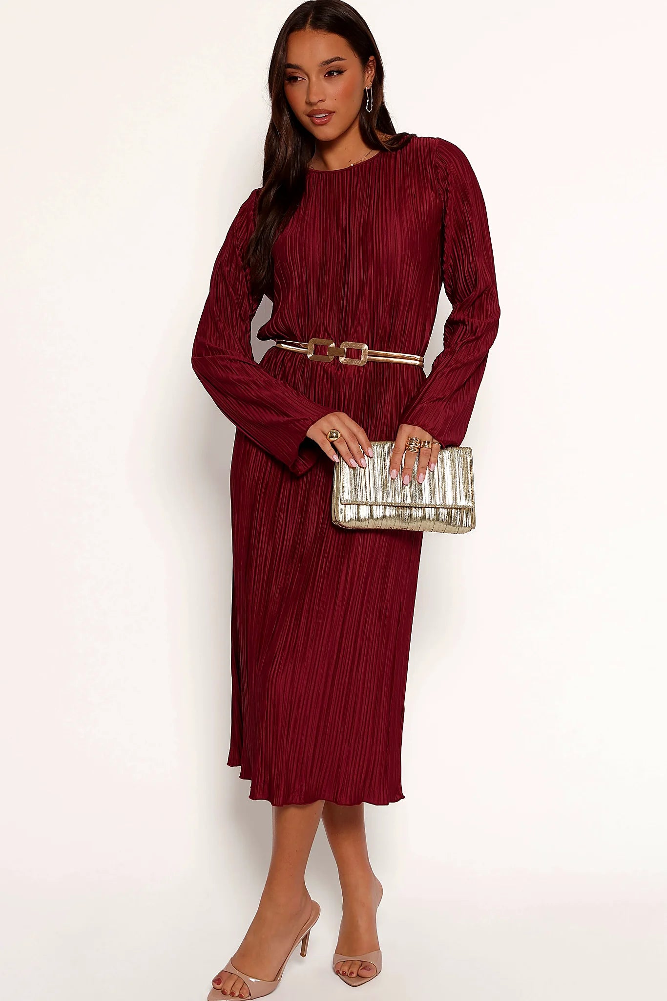 Back view of the high round neck midi dress