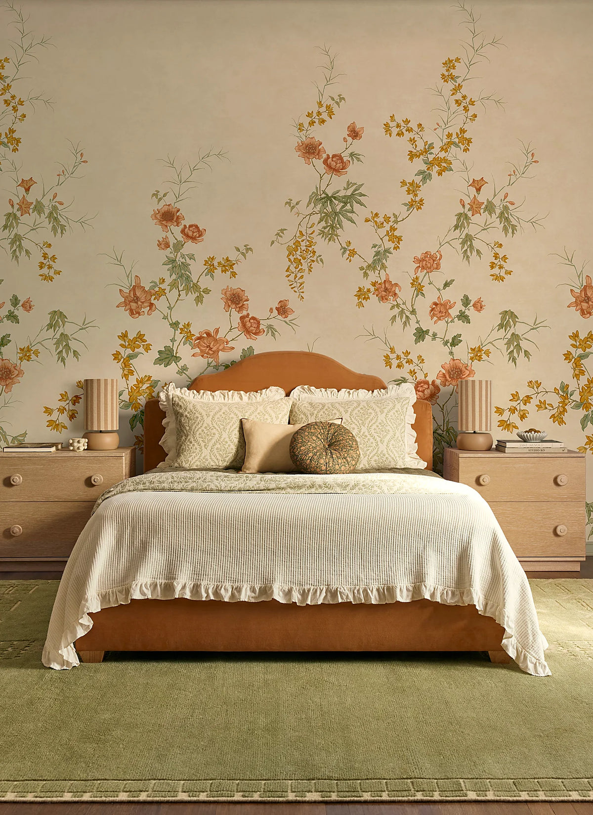 Bedroom seen at an angle with a textural cotton sham on the bed