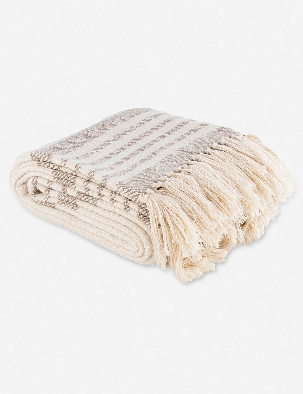 Detail of the fringed end and stripe on a woven throw
