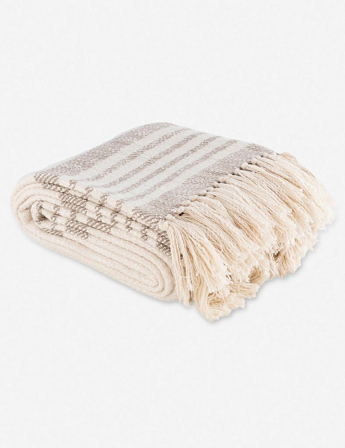 Detail of the fringed end and stripe on a woven throw