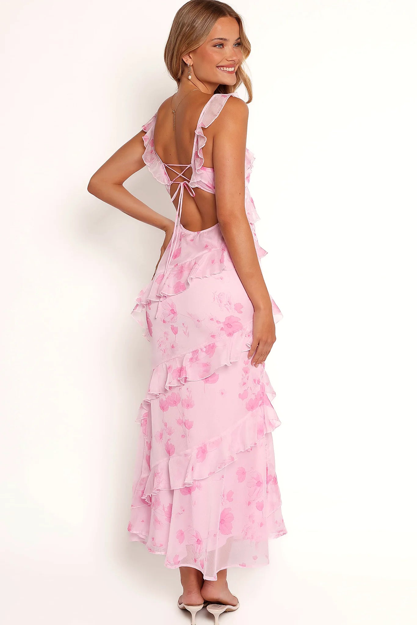 Close detail of the ruffle feature at the neckline
